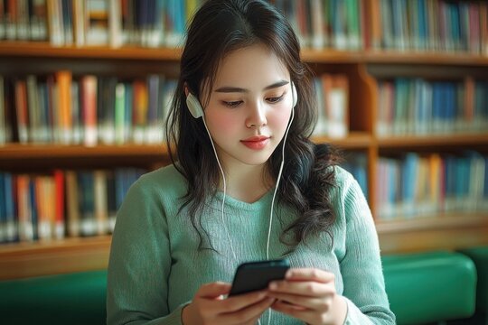 Young woman wearing headphones and focused on her smartphone seated in a library with bookshelves in the background