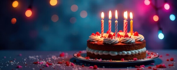 Delicious birthday cake with lit candles, vibrant backdrop, birthday cake, party decorations