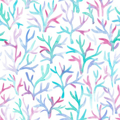 Aquarelle corals clip art.  Seaweeds hand drawn with watercolour. Underwater digital print. Ocean plants set. Colorful marine flora