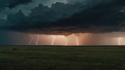 A stormy landscape with lightning strikes illuminating the dark and ominous sky over a field