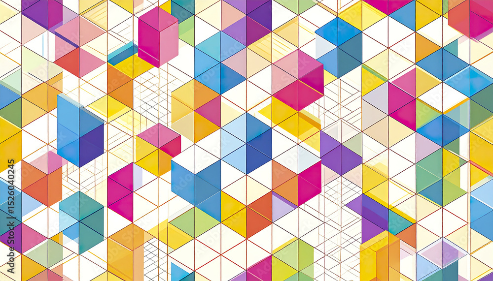 Poster bright geometric pattern with colorful cubes and intersecting lines creating vibrant design