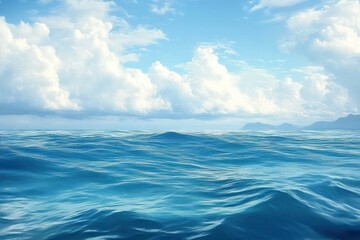Calm blue ocean with gentle waves under a bright sky filled with fluffy white clouds and distant mountains on the horizon