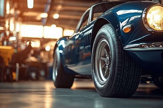 Close-up of a vintage blue sports car tire and front fender in a warmly lit garage filled with blurred workshop equipment