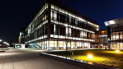 Modern business center at night illuminated by vibrant neon lights and glowing windows, showcasing sleek architectural designs and a bustling urban atmosphere. The tall skyscrapers stand out against t