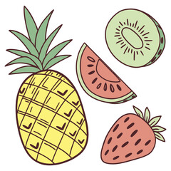 A vibrant and colorful vector set featuring various summer fruits like pineapple, kiwi, and strawberry. Flat design style, perfect for healthy food concepts or menus.