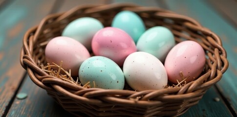 Speckled & solid pastel eggs nestled in a rustic basket, gift, food