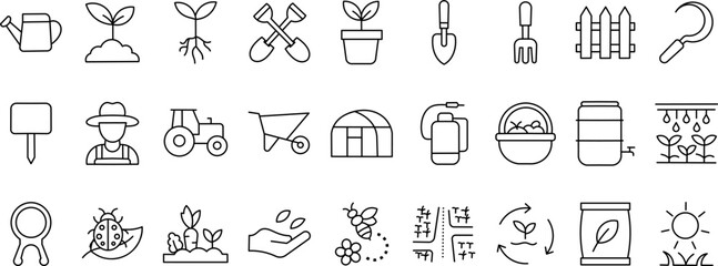 Gardening and Farming Stroke Icon Collection. Containing Planting, Tools, Equipment, and more icons. Editable Stroke Icon Collection Outline Icon.