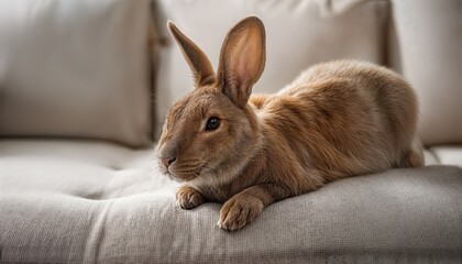 Fluffy White Bunny Lounging on Living Room Sofa, Snuggled Amongst Cozy Blankets, Bringing a Warm and Comforting Mood to the Modern Interior Space.