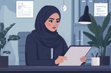 Vector graphic showing Arab woman in hijab analyzing data
