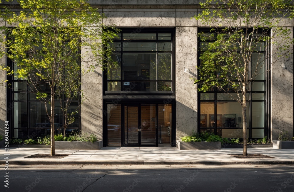 Poster building facade with entrance and trees urban setting