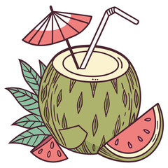 A vibrant isometric vector illustration of a tropical cocktail drink, complete with a small umbrella and fruit garnish. Ideal for summer parties, bar menus, or vacation themes.