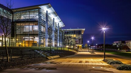 Modern business center at night illuminated by vibrant neon lights and glowing windows, showcasing sleek architectural designs and a bustling urban atmosphere. The tall skyscrapers stand out against t