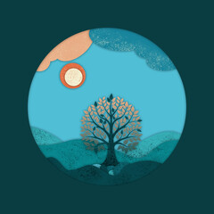 Vector orange mountain landscape with clear sky, sunset behind the mountains and silhouette of tree