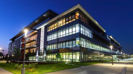 Modern business center at night illuminated by vibrant neon lights and glowing windows, showcasing sleek architectural designs and a bustling urban atmosphere. The tall skyscrapers stand out against t