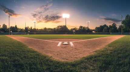 A baseball diamond with neatly raked dirt, outdoor setting with dusk lighting, Classic style