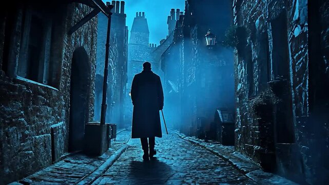 A lone figure walks a misty, cobbled alleyway at night