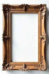 Empty ornate wood photo frame, white background, elegant, vintage