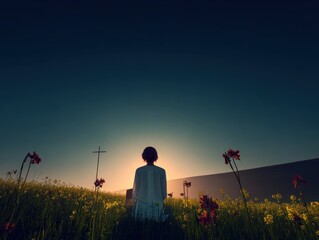 Woman meditating in field at sunrise