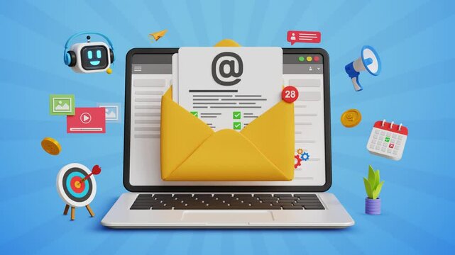 Email marketing campaign, email automation, subscription, newsletter or online announcement concept. Business automation and digital advertising. Laptop Email with marketing icons. 4K 3D animation