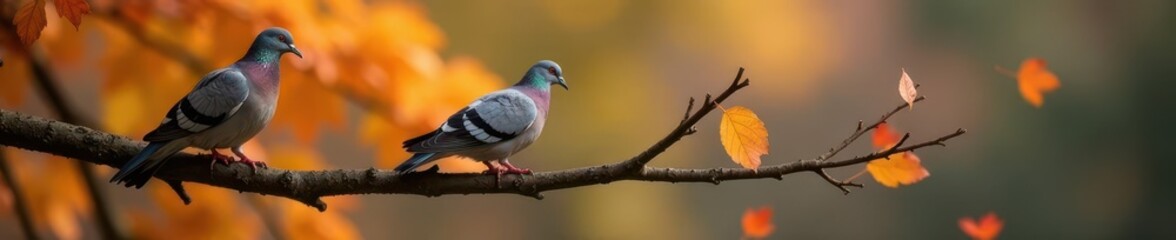 Two pigeons perched on a bare autumn branch, leaves scattered below , tranquility, peace