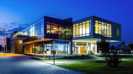 Modern business center at night illuminated by vibrant neon lights and glowing windows, showcasing sleek architectural designs and a bustling urban atmosphere. The tall skyscrapers stand out against t