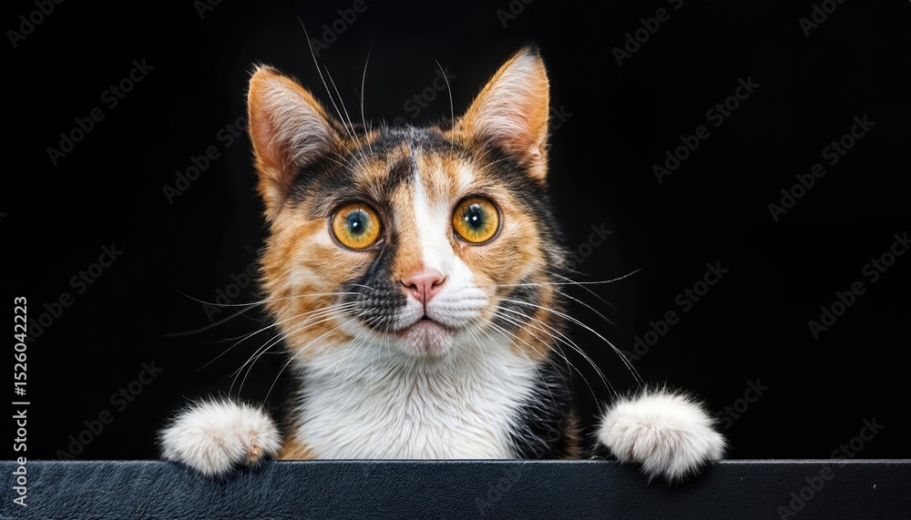 Poster vibrant and playful calico cat exudes enthusiasm from a dark backdrop, showcasing a humorous pet set