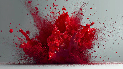 Dynamic explosion of red paint frozen in motion against a neutral gray background, showcasing a dramatic burst of color and energy.