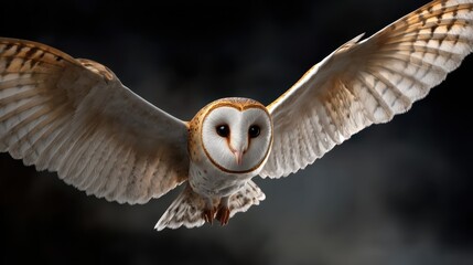 Barn owl in flight against a dark background.