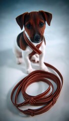 Puppy with brown leather leash