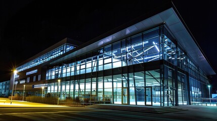 Modern business center at night illuminated by vibrant neon lights and glowing windows, showcasing sleek architectural designs and a bustling urban atmosphere. The tall skyscrapers stand out against t
