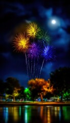 Fireworks over a lake at night