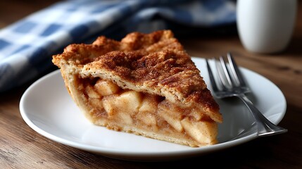 A slice of apple pie served on a white plate with a fork, set against a wooden table backdrop.