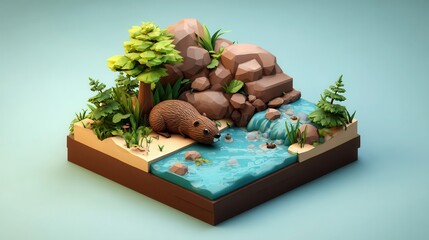 Low-poly digital illustration of a beaver by a small stream.