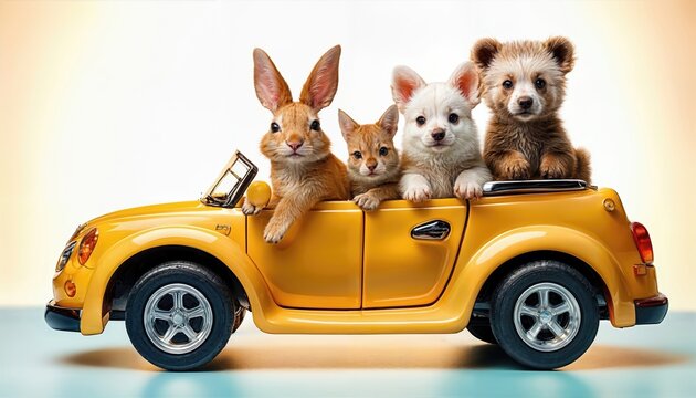 Adorable Cartoon Animals Joyriding in a Toy Car amidst Vibrant Greenery at Twilight Cute and Playful Mood, Perfect for Digital Art, Home Decor, or Design Inspiration