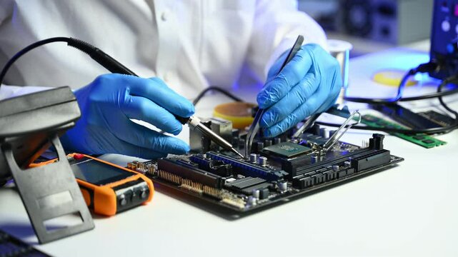 Precision closeup of soldering a circuit board. Ideal for themes on electronics repair, computer hardware, engineering