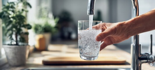 The hand pouring fresh sparkling water into a glass at home