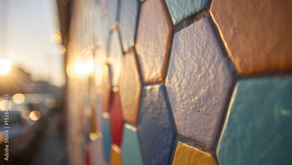 Poster a close up view of a colorful hexagonal tile wall with sunlight and blurred background outside windo