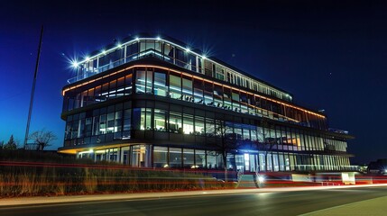 Modern business center at night illuminated by vibrant neon lights and glowing windows, showcasing sleek architectural designs and a bustling urban atmosphere. The tall skyscrapers stand out against t