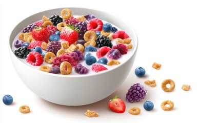 Bowl of cereal with mixed berries and milk.