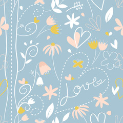 Charming hand-drawn floral doodles in white and yellow on light blue. Ideal for children’s products, prints, or cheerful paper designs.