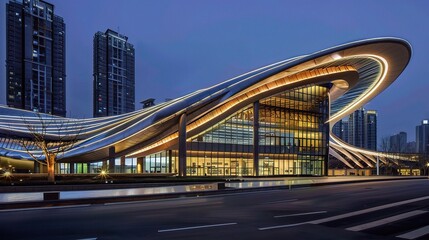 Modern business center at night illuminated by vibrant neon lights and glowing windows, showcasing sleek architectural designs and a bustling urban atmosphere. The tall skyscrapers stand out against t