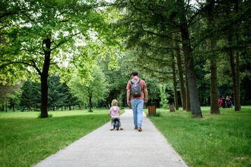 Rear view of father walking with his son across park