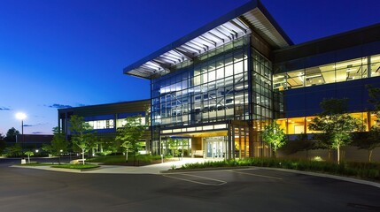 Modern business center at night illuminated by vibrant neon lights and glowing windows, showcasing sleek architectural designs and a bustling urban atmosphere. The tall skyscrapers stand out against t