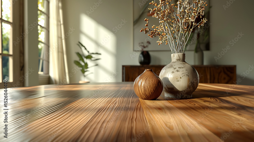 Poster Two vases are displayed on a wooden table in a sunlit room, creating a warm and inviting atmosphere with natural light streaming through the window