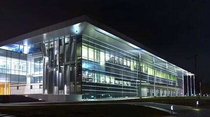 Modern business center at night illuminated by vibrant neon lights and glowing windows, showcasing sleek architectural designs and a bustling urban atmosphere. The tall skyscrapers stand out against t