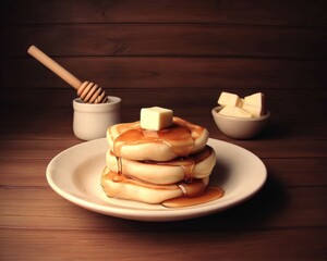 Stacked pancakes with butter and honey