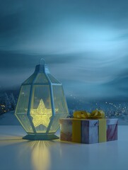 Winter scene with gift and lantern