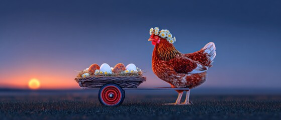 Hen with eggs on a cart at dawn