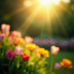 Sun-drenched garden, bokeh-blurred flowers, cool tones , aesthetic, nature