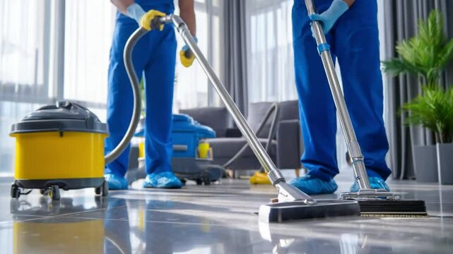 Precision Cleaning: A dynamic duo in matching blue uniforms meticulously cleans a modern, well-lit interior. The team's dedication to detail and professionalism is evident in the focused cleaning.